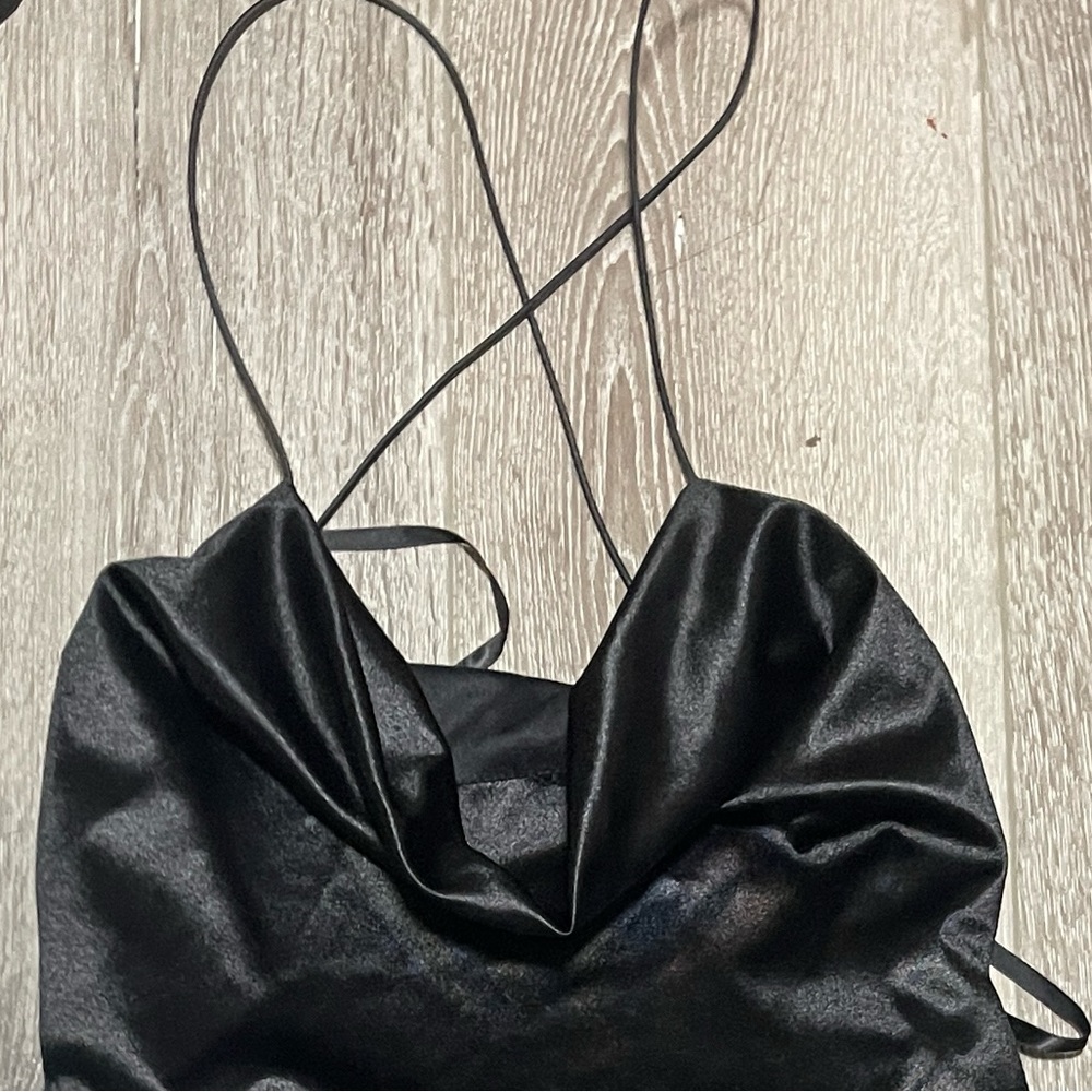 Black Satin Cowl Neck Dress Criss Cross Straps size 4